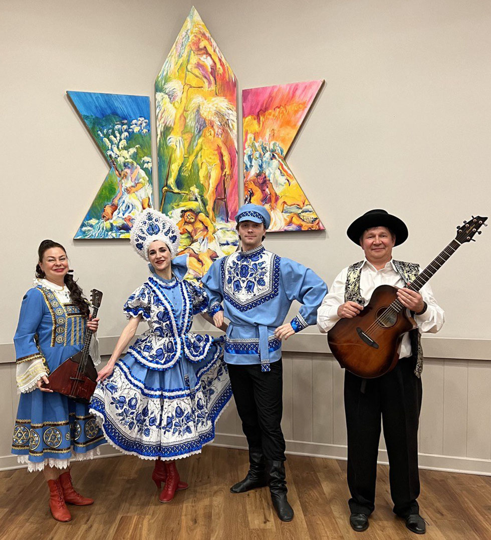 10-25-2024, Mikhail Smirnov, Elina Karokhina, Vera Paganin, Haley Egorov, Jewish, Russian, Ukrainian, Moldavian, Cossack dancers, musicians show at Monmouth Reform Temple, Tinton Falls, New Jersey